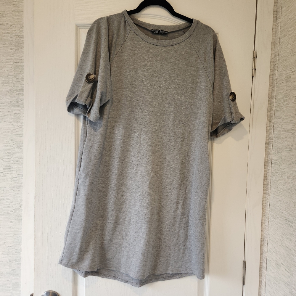 Gray Short Sleeve Dress with Button Detail